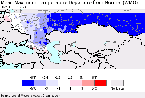 Russian Federation Mean Maximum Temperature Departure from Normal (WMO) Thematic Map For 12/11/2023 - 12/17/2023