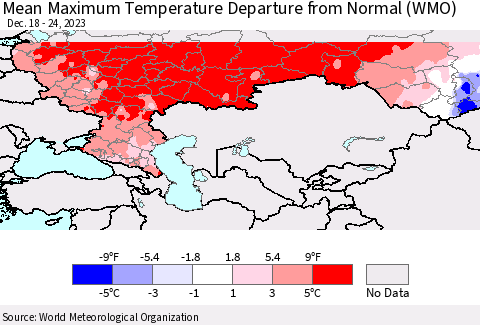 Russian Federation Mean Maximum Temperature Departure from Normal (WMO) Thematic Map For 12/18/2023 - 12/24/2023