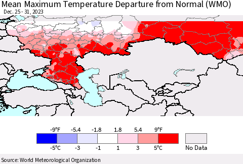 Russian Federation Mean Maximum Temperature Departure from Normal (WMO) Thematic Map For 12/25/2023 - 12/31/2023