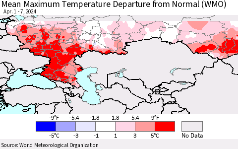 Russian Federation Mean Maximum Temperature Departure from Normal (WMO) Thematic Map For 4/1/2024 - 4/7/2024