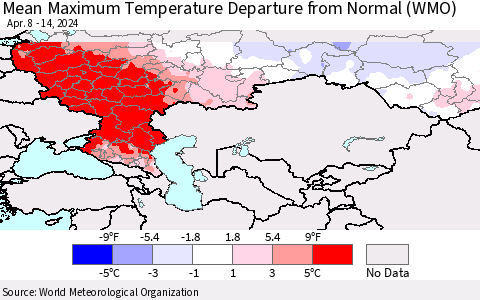 Russian Federation Mean Maximum Temperature Departure from Normal (WMO) Thematic Map For 4/8/2024 - 4/14/2024