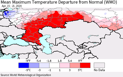 Russian Federation Mean Maximum Temperature Departure from Normal (WMO) Thematic Map For 4/15/2024 - 4/21/2024