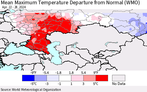 Russian Federation Mean Maximum Temperature Departure from Normal (WMO) Thematic Map For 4/22/2024 - 4/28/2024