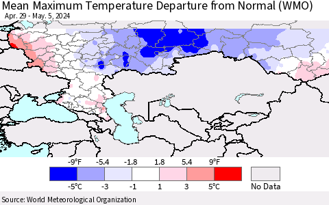 Russian Federation Mean Maximum Temperature Departure from Normal (WMO) Thematic Map For 4/29/2024 - 5/5/2024
