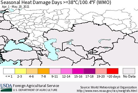 Russian Federation Seasonal Heat Damage Days >=38°C/100°F (WMO) Thematic Map For 4/1/2021 - 5/20/2021