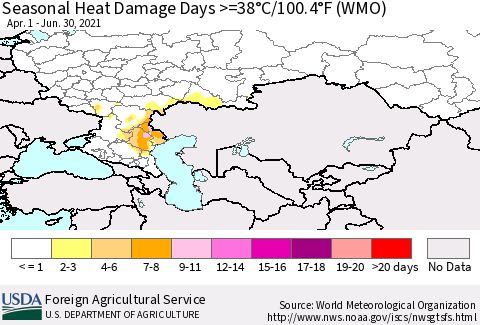 Russian Federation Seasonal Heat Damage Days >=38°C/100°F (WMO) Thematic Map For 4/1/2021 - 6/30/2021