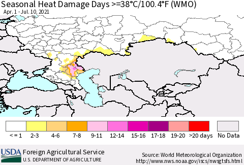 Russian Federation Seasonal Heat Damage Days >=38°C/100°F (WMO) Thematic Map For 4/1/2021 - 7/10/2021