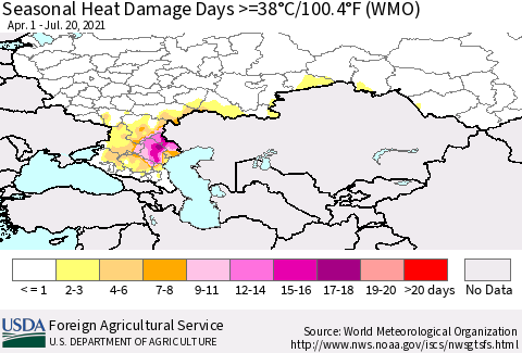 Russian Federation Seasonal Heat Damage Days >=38°C/100°F (WMO) Thematic Map For 4/1/2021 - 7/20/2021