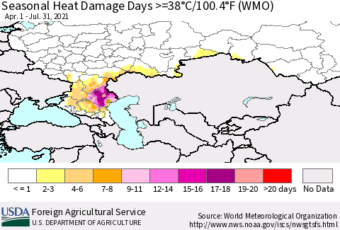 Russian Federation Seasonal Heat Damage Days >=38°C/100°F (WMO) Thematic Map For 4/1/2021 - 7/31/2021