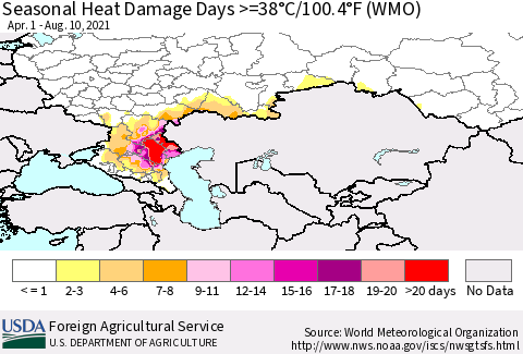 Russian Federation Seasonal Heat Damage Days >=38°C/100°F (WMO) Thematic Map For 4/1/2021 - 8/10/2021