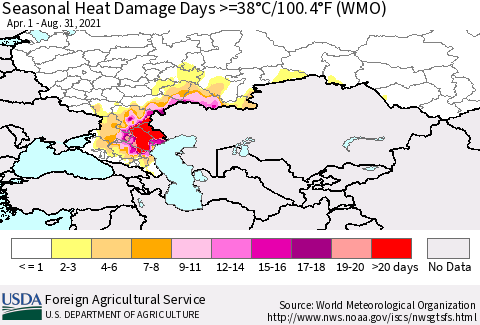 Russian Federation Seasonal Heat Damage Days >=38°C/100°F (WMO) Thematic Map For 4/1/2021 - 8/31/2021