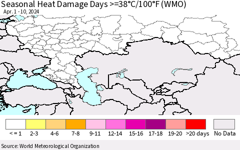 Russian Federation Seasonal Heat Damage Days >=38°C/100°F (WMO) Thematic Map For 4/1/2024 - 4/10/2024