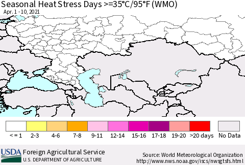 Russian Federation Seasonal Heat Stress Days >=35°C/95°F (WMO) Thematic Map For 4/1/2021 - 4/10/2021