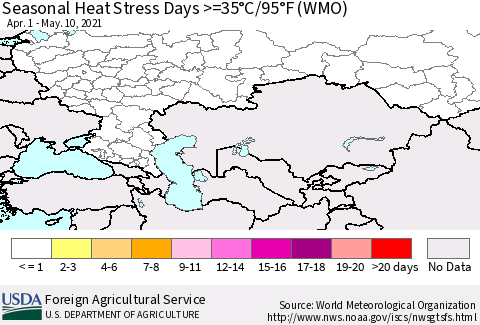 Russian Federation Seasonal Heat Stress Days >=35°C/95°F (WMO) Thematic Map For 4/1/2021 - 5/10/2021