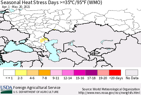 Russian Federation Seasonal Heat Stress Days >=35°C/95°F (WMO) Thematic Map For 4/1/2021 - 5/20/2021