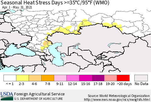 Russian Federation Seasonal Heat Stress Days >=35°C/95°F (WMO) Thematic Map For 4/1/2021 - 5/31/2021