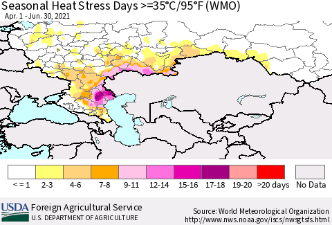 Russian Federation Seasonal Heat Stress Days >=35°C/95°F (WMO) Thematic Map For 4/1/2021 - 6/30/2021