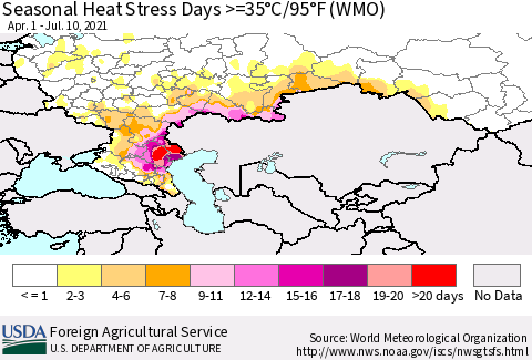 Russian Federation Seasonal Heat Stress Days >=35°C/95°F (WMO) Thematic Map For 4/1/2021 - 7/10/2021