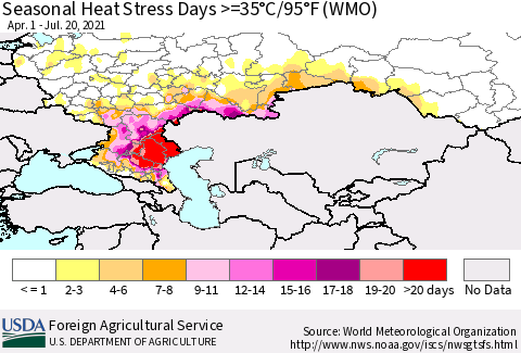 Russian Federation Seasonal Heat Stress Days >=35°C/95°F (WMO) Thematic Map For 4/1/2021 - 7/20/2021