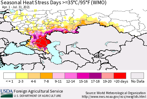Russian Federation Seasonal Heat Stress Days >=35°C/95°F (WMO) Thematic Map For 4/1/2021 - 7/31/2021