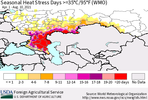Russian Federation Seasonal Heat Stress Days >=35°C/95°F (WMO) Thematic Map For 4/1/2021 - 8/10/2021
