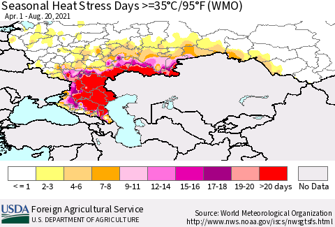 Russian Federation Seasonal Heat Stress Days >=35°C/95°F (WMO) Thematic Map For 4/1/2021 - 8/20/2021
