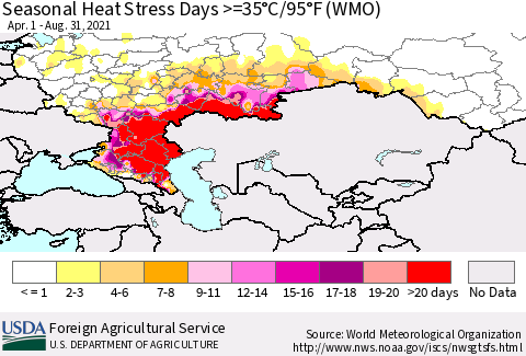 Russian Federation Seasonal Heat Stress Days >=35°C/95°F (WMO) Thematic Map For 4/1/2021 - 8/31/2021