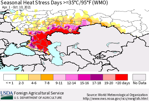 Russian Federation Seasonal Heat Stress Days >=35°C/95°F (WMO) Thematic Map For 4/1/2021 - 10/10/2021