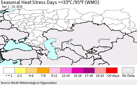 Russian Federation Seasonal Heat Stress Days >=35°C/95°F (WMO) Thematic Map For 4/1/2024 - 4/10/2024