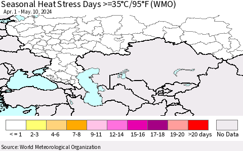 Russian Federation Seasonal Heat Stress Days >=35°C/95°F (WMO) Thematic Map For 4/1/2024 - 5/10/2024