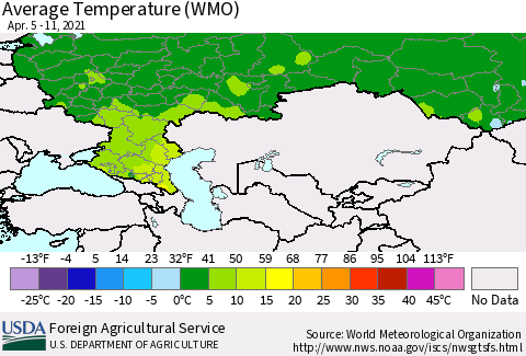 Russian Federation Average Temperature (WMO) Thematic Map For 4/5/2021 - 4/11/2021