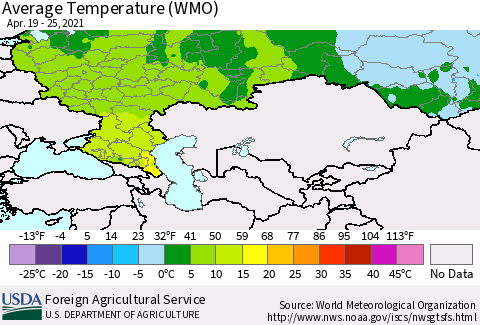 Russian Federation Average Temperature (WMO) Thematic Map For 4/19/2021 - 4/25/2021