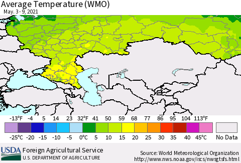 Russian Federation Average Temperature (WMO) Thematic Map For 5/3/2021 - 5/9/2021