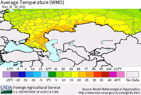Russian Federation Average Temperature (WMO) Thematic Map For 5/24/2021 - 5/30/2021