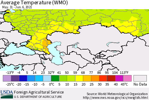 Russian Federation Average Temperature (WMO) Thematic Map For 5/31/2021 - 6/6/2021