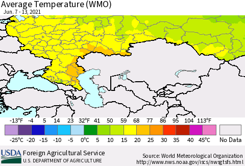 Russian Federation Average Temperature (WMO) Thematic Map For 6/7/2021 - 6/13/2021
