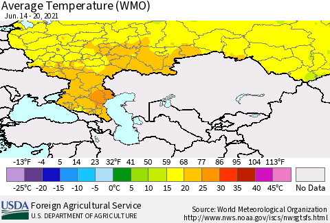 Russian Federation Average Temperature (WMO) Thematic Map For 6/14/2021 - 6/20/2021