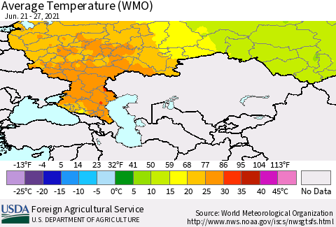 Russian Federation Average Temperature (WMO) Thematic Map For 6/21/2021 - 6/27/2021