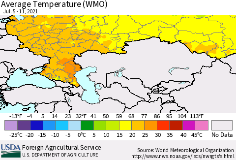 Russian Federation Average Temperature (WMO) Thematic Map For 7/5/2021 - 7/11/2021