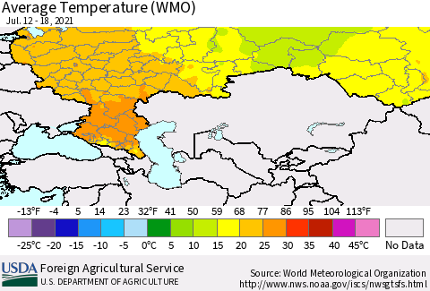Russian Federation Average Temperature (WMO) Thematic Map For 7/12/2021 - 7/18/2021