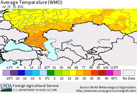 Russian Federation Average Temperature (WMO) Thematic Map For 7/19/2021 - 7/25/2021