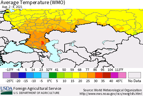 Russian Federation Average Temperature (WMO) Thematic Map For 8/2/2021 - 8/8/2021