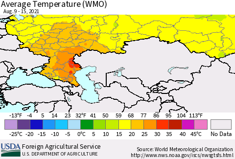 Russian Federation Average Temperature (WMO) Thematic Map For 8/9/2021 - 8/15/2021