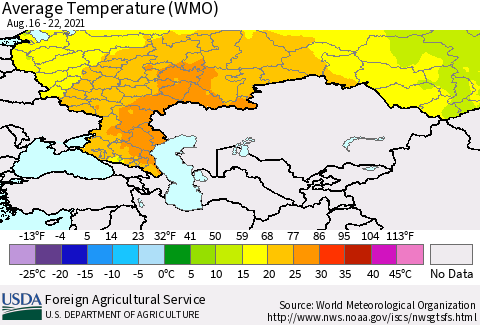 Russian Federation Average Temperature (WMO) Thematic Map For 8/16/2021 - 8/22/2021