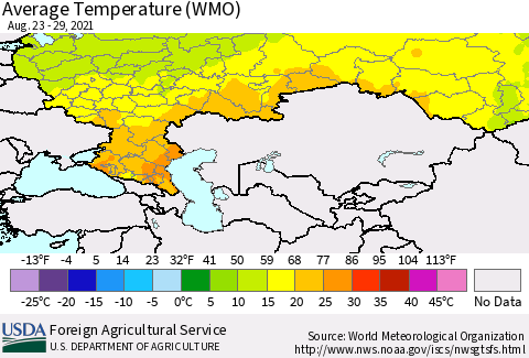Russian Federation Average Temperature (WMO) Thematic Map For 8/23/2021 - 8/29/2021