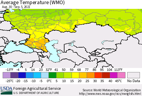 Russian Federation Average Temperature (WMO) Thematic Map For 8/30/2021 - 9/5/2021