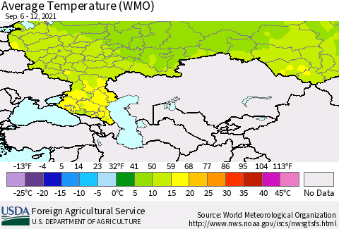 Russian Federation Average Temperature (WMO) Thematic Map For 9/6/2021 - 9/12/2021