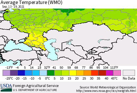 Russian Federation Average Temperature (WMO) Thematic Map For 9/13/2021 - 9/19/2021