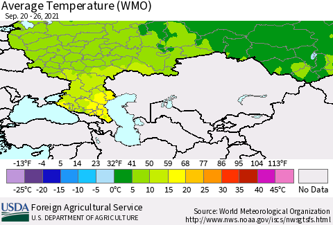 Russian Federation Average Temperature (WMO) Thematic Map For 9/20/2021 - 9/26/2021
