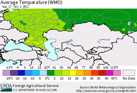 Russian Federation Average Temperature (WMO) Thematic Map For 9/27/2021 - 10/3/2021